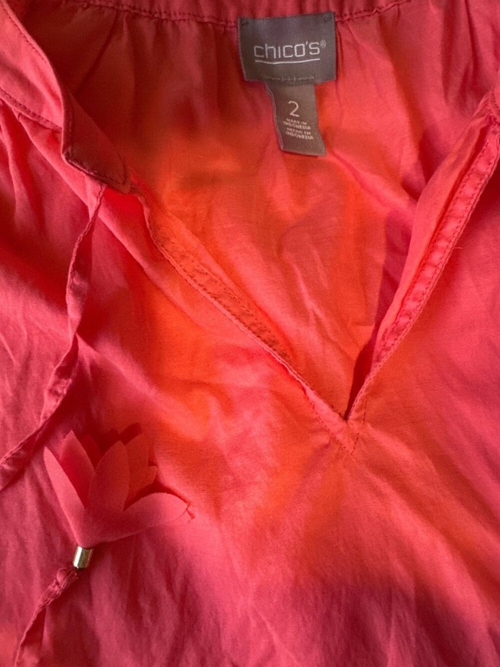 Chicos Coral Long Sleeve V-Neck Blouse With Tassels Size 2 - Picture 4 of 4